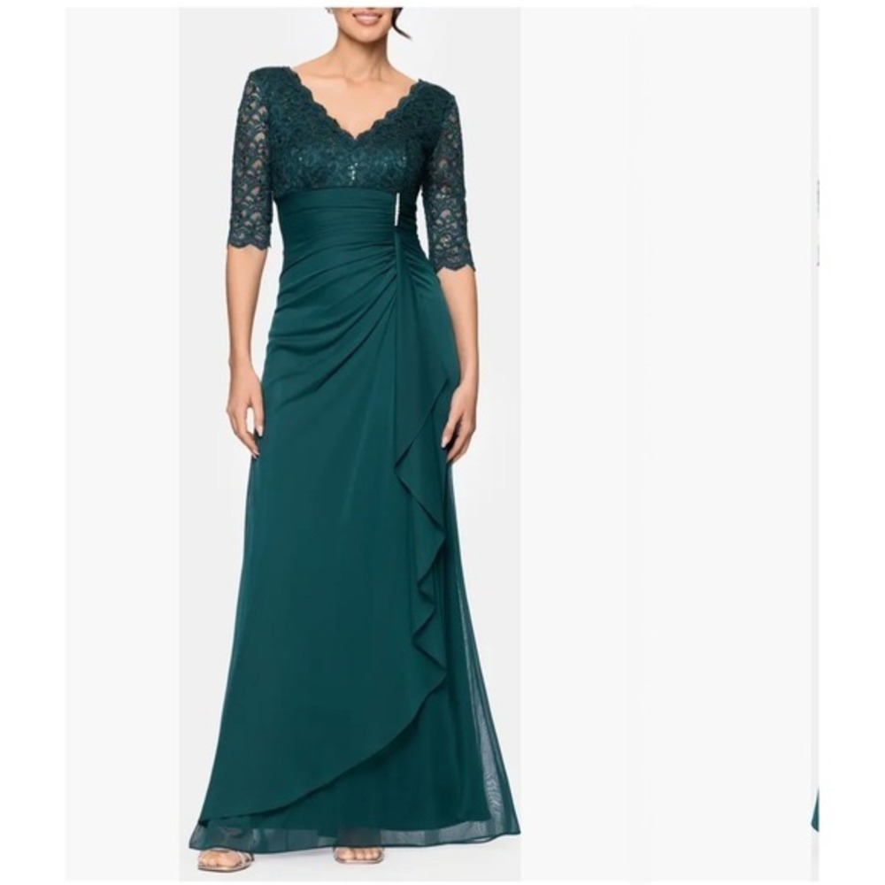 Betsy & Adam Dark Green Lace V-Neck Evening Gown